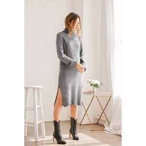 Lulus Snuggled Up Light Grey Knit Turtleneck Midi Sweater Dress - Size XS
